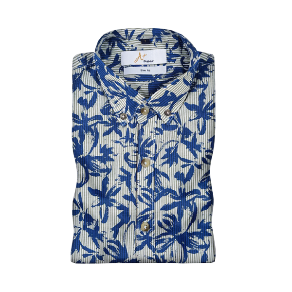 Blue Leaf Printed Stripes Casual Shirt